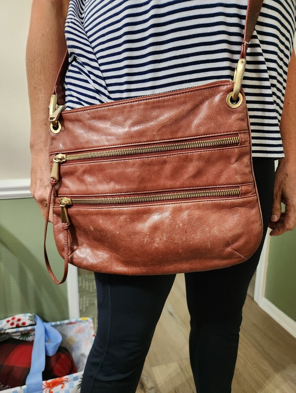 HOBO Original Brown Leather Crossbody  With Dual Zips